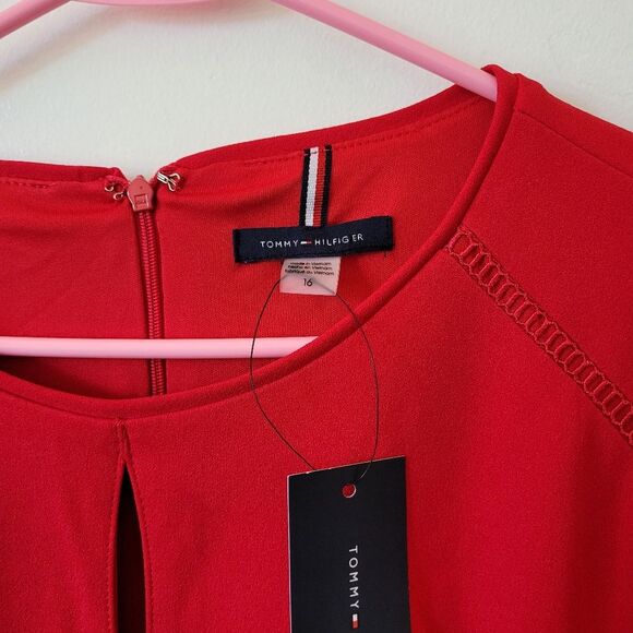 NEW Tommy Hilfiger Dress Red Keyhole Collar Midi Date Night Romantic Size 16 - Picture 5 of 9